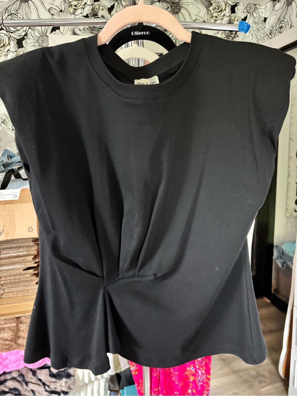 Aaron & Amber Black Twist-Front Structured Heavy Top With Shoulder Pads